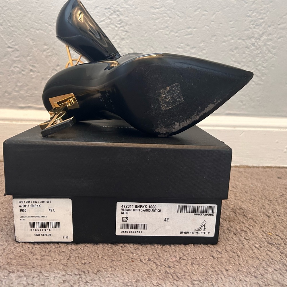 Yves Saint Laurent Black Stiletto Heels with Gold Accent